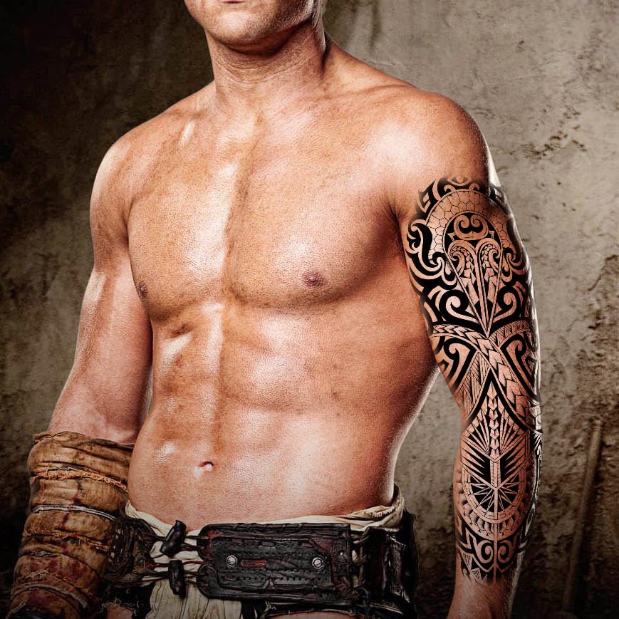 Miniatura 3 de 6 hojas de mangas temporales de tatuajes de tótem tribal grande, tatuajes temporales de manga para hombres y mujeres, mangas realistas para tatuajes