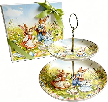 Easter Bunny 2-Tier Serving Stand, Ceramic Dessert & Cupcake Display with Metal Handle, 9 & 6 Plates, Dishwasher Safe Porcelain Server for Appetizers, Cookies, Spring Table Deco