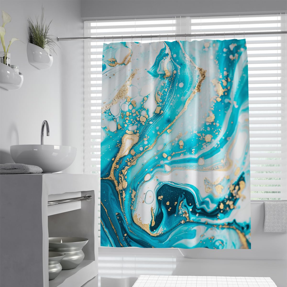 UIRINGART Fluid Art Bath Curtain W150xL200cm Luxury Mint Turquoise Agate Gold Foil Texture Liquid Swirls Mildew Mould Resistant Polyester Fabric Apartment Shower Curtains