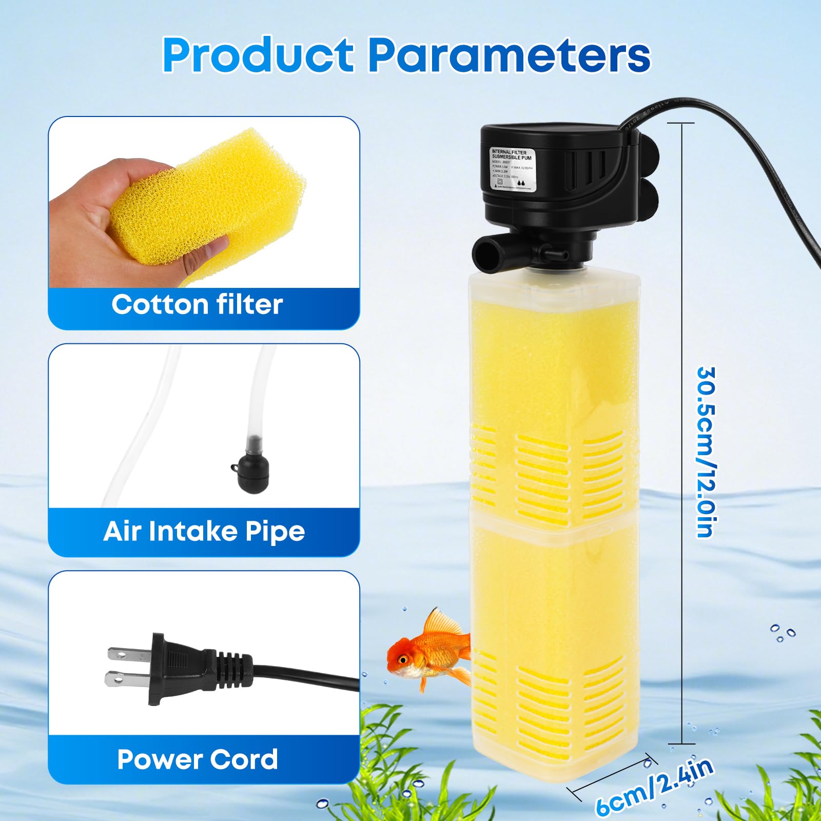 Filtre d'aquarium de 320 GPH pour aquarium de 40 à 500 litres, filtre interne submersible 4 en 1 avec filtration biochimique, pompe à eau puissante, alimentation en air et machine à vagues
