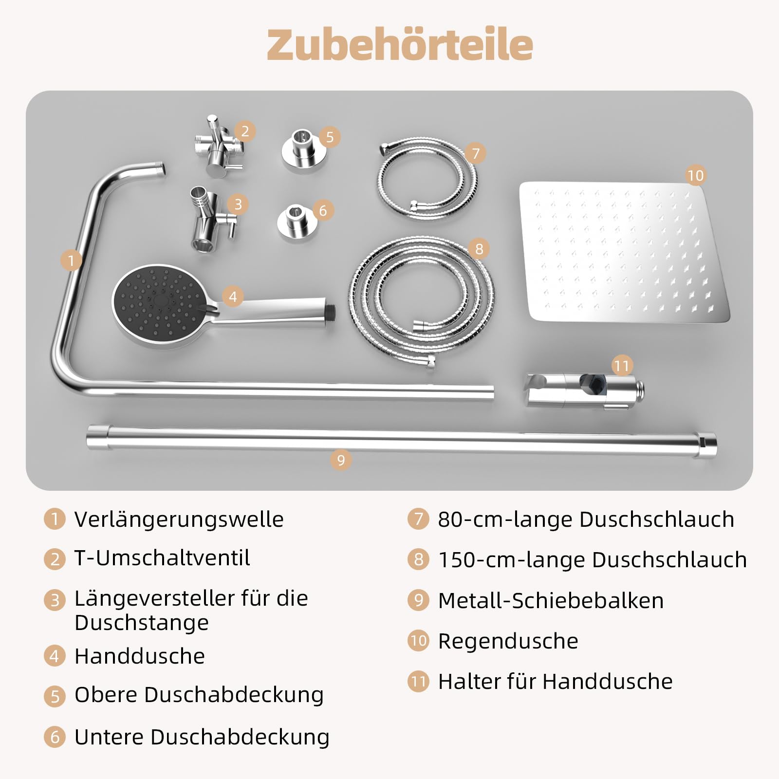 Hibbent Duschset ohne Armatur, 3-Modus-Handbrause | Höhenverstellbar, Regendusche Duschsystem mit Duschkopf aus rostfreiem Edelstahl, Messing-Umschalter, Chrom