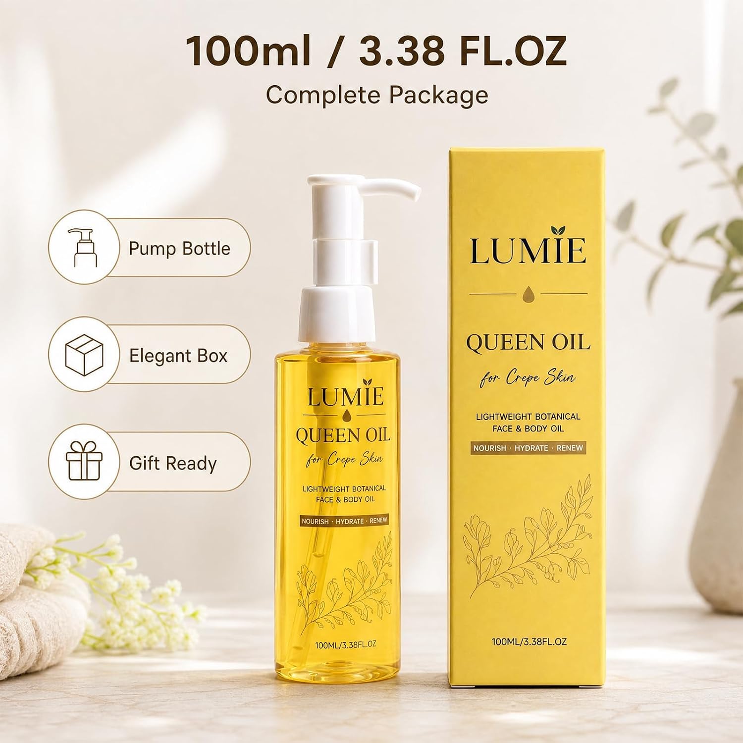 Lumie Queen Oil for Crepey Skin, Fast-Absorbing Body Oil, 2PC
