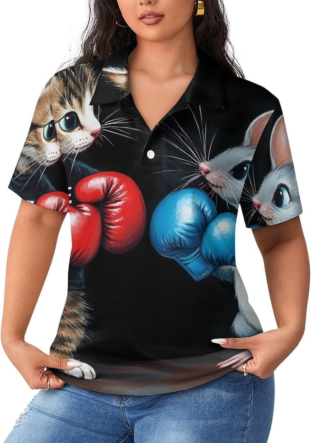 Funny Cat and Fat Womens Golf Polo Shirts Summer Short Sleeve Collared 3 Buttons T Shirt Activewear Tops