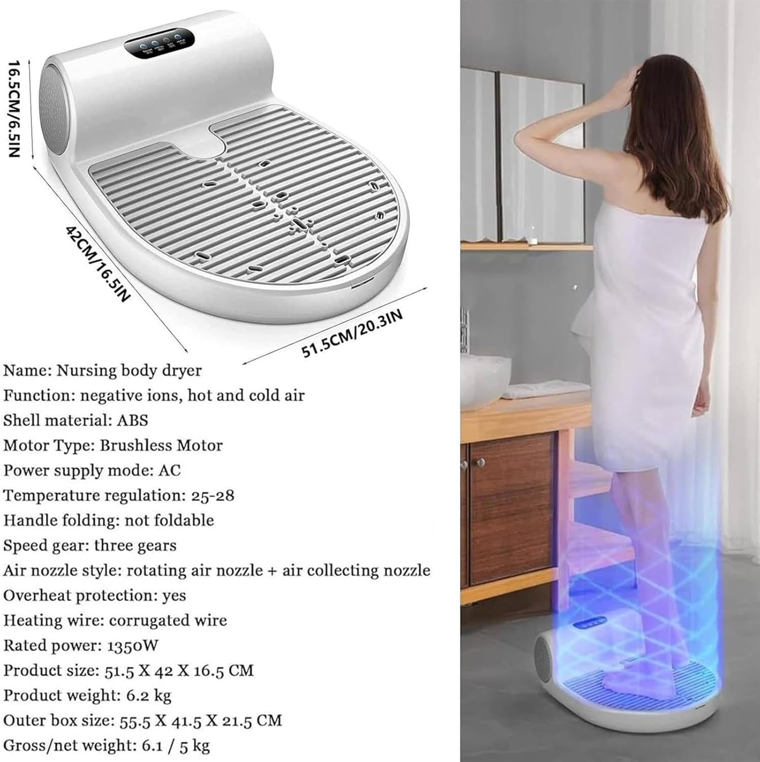Smart Body Dryer with Weight Scale - 1500W High-Speed Blower, Hot & Cold Air Modes, Auto Sensor, Portable After Shower Drying Solution, Fast Drying 51.5x42x16.5 cm