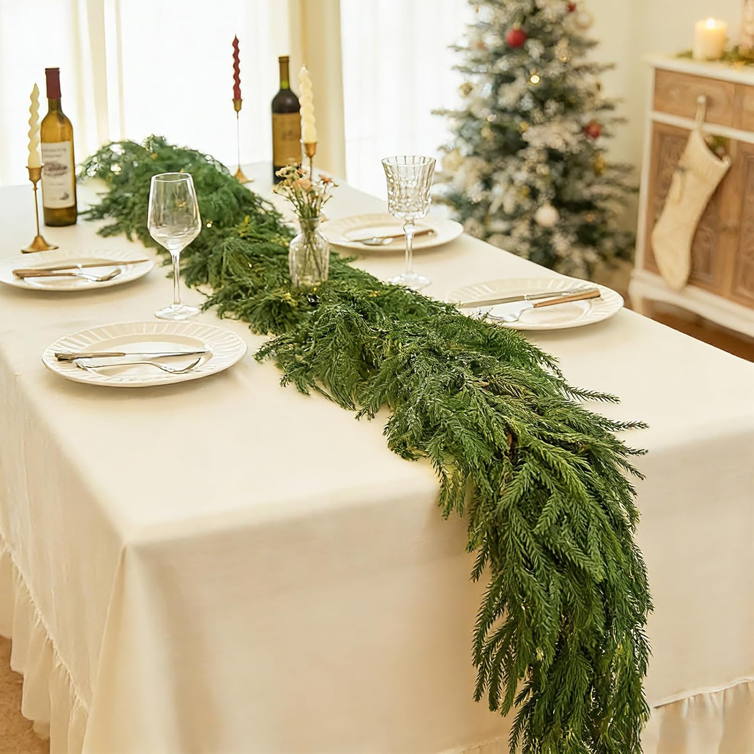 2 Pack 6 Ft Christmas Norfolk Pine Garlands for Mantle Decor, Artificial Greenery Garland for Fireplace Table Wall Indoor Outdoor Christmas Decoration - Image 2