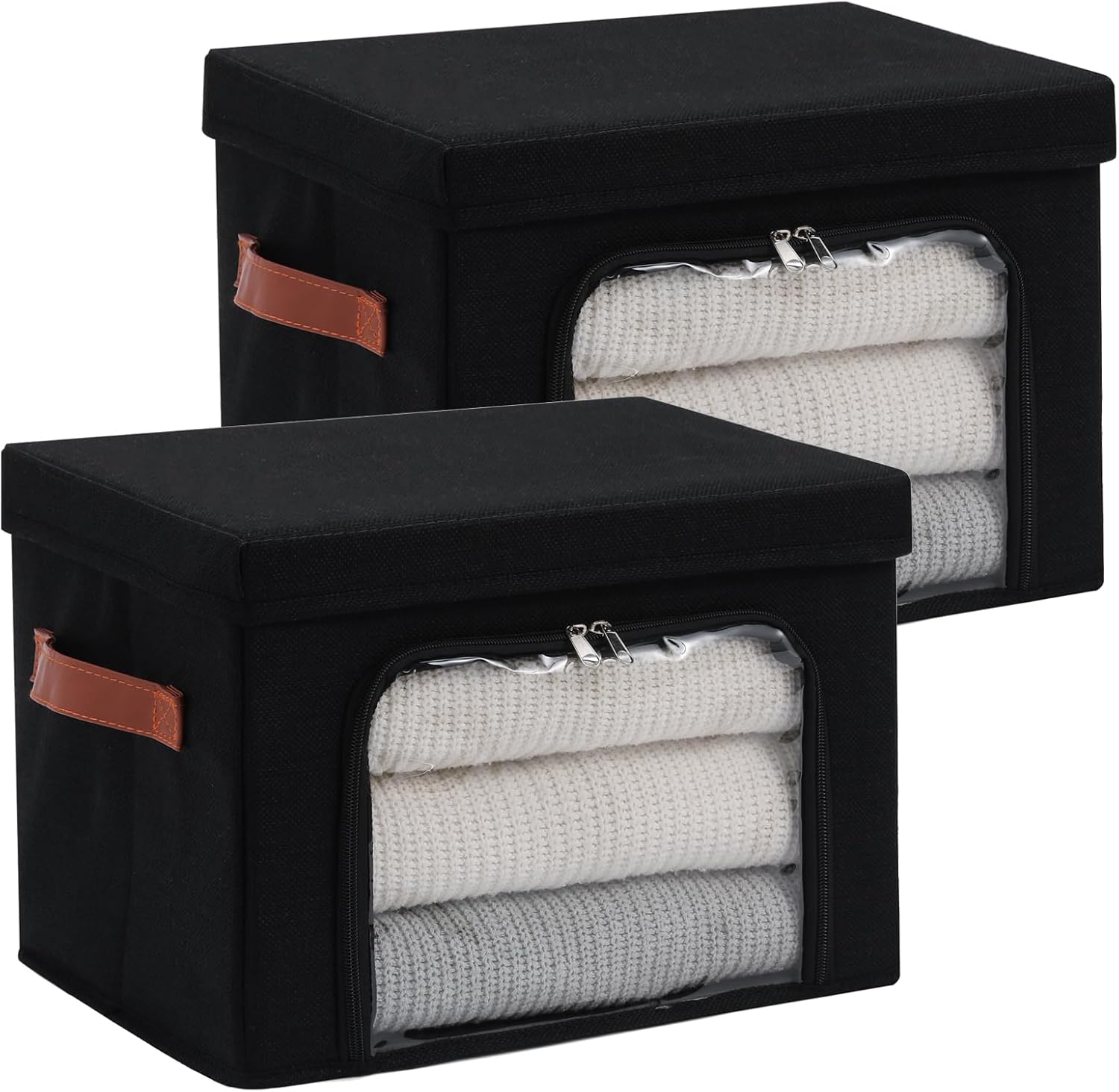 2PCS Large Storage Bins Boxes with Lids Clear Window Zipper Closure Decorative Cotton Linen Fabric Baskets with PU Leather Handles PP Board Collapsible Clothes Shelf Closet Organizer (Black)