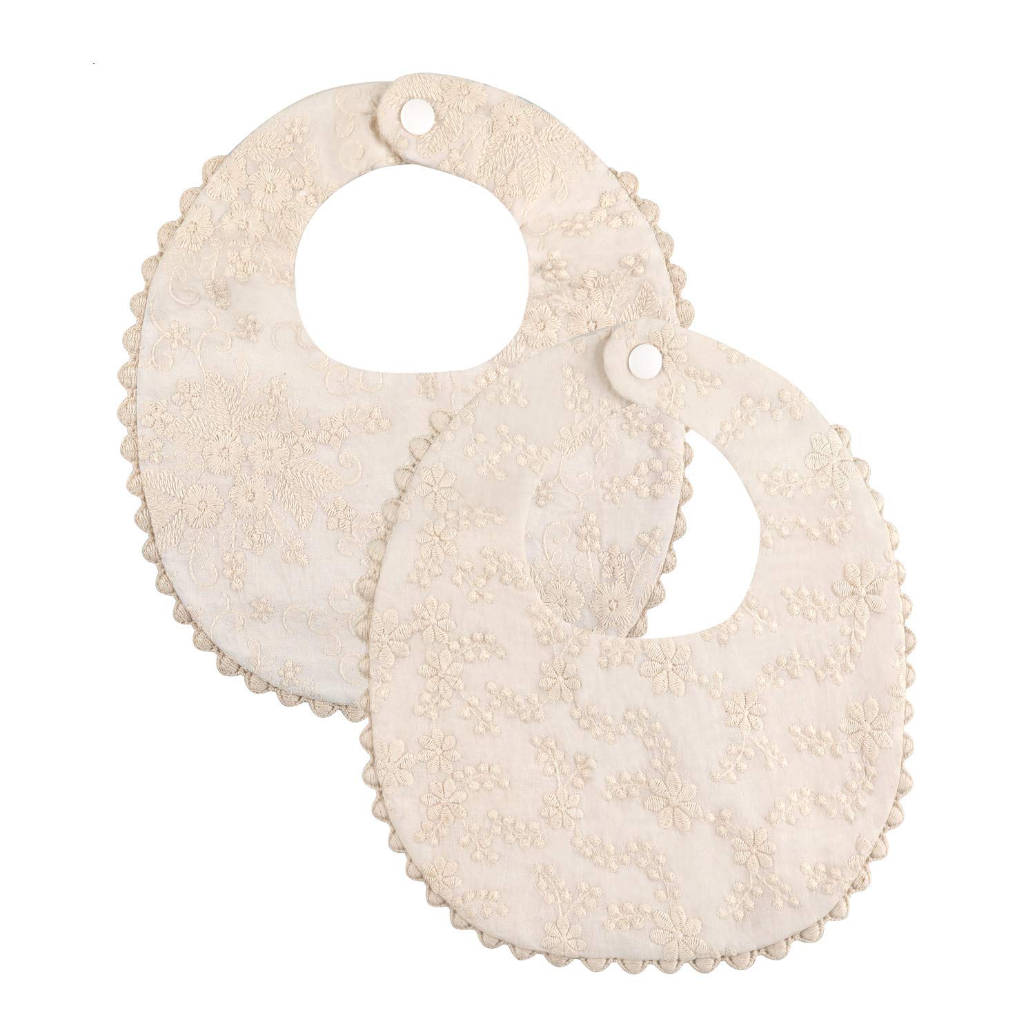 GZMM Baby Bib For Girls,Reversible Waterproof Handmade Natural Cotton Baby Drool Bib 0-12 months 2 Pack (off-white color, 0-12 months)