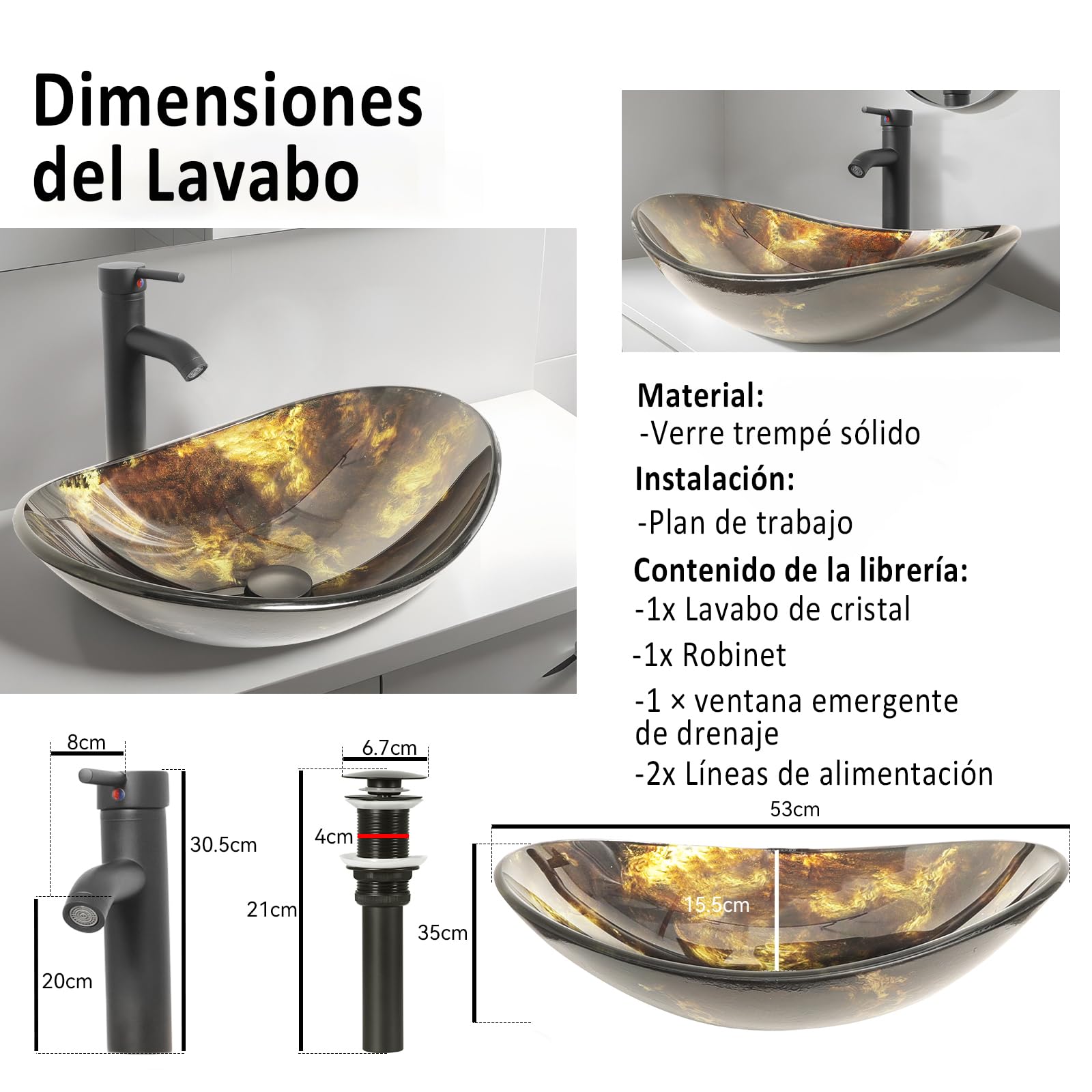 YU YUSING Lavabo Ovalado de Vidrio con Grifo sobre Encimera para Baño, Cocina y Aseo, Moderno Dorado Brillante, 53,3 x 35 x 16 cm
