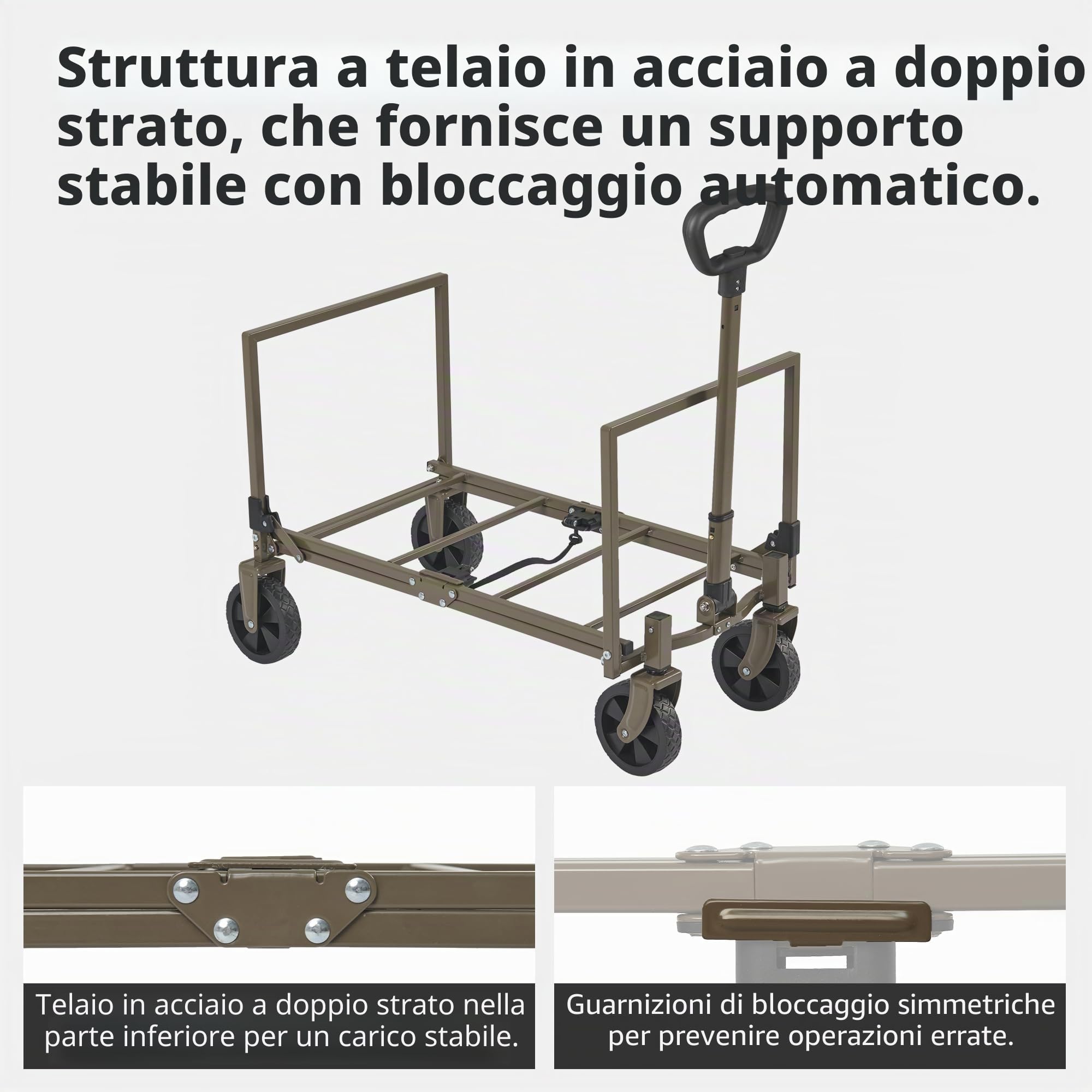 Naturehike Carrello da giardino pieghevole, carrello porta attrezzi da spiaggia adatto a tutti i terreni, con pneumatici larghi girevoli a 360 gradi, portata 120 kg, adatto per campeggio(Marrone 50L)