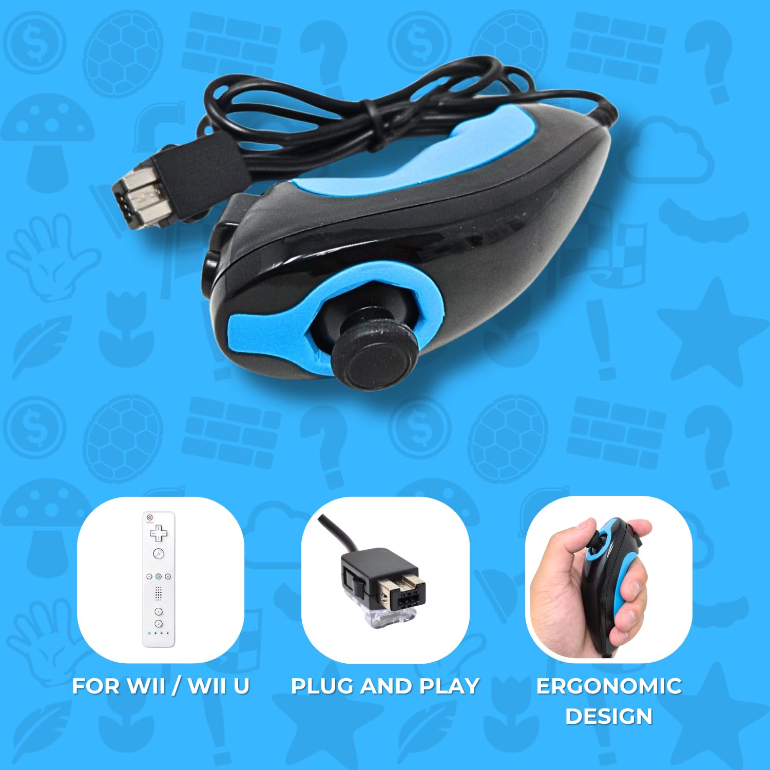 Old Skool Nunchuk Controller, Compatible with Wii or Wii U - Black | For Wii U, Wii, Controller Accessory, Black