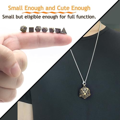 Miniatura 3 de PJOY Juego de dados pequeños DND con estuche de collar D20 hueco de bronce, llavero portátil de 7 piezas, llavero de bronce antiguo, juego de dados