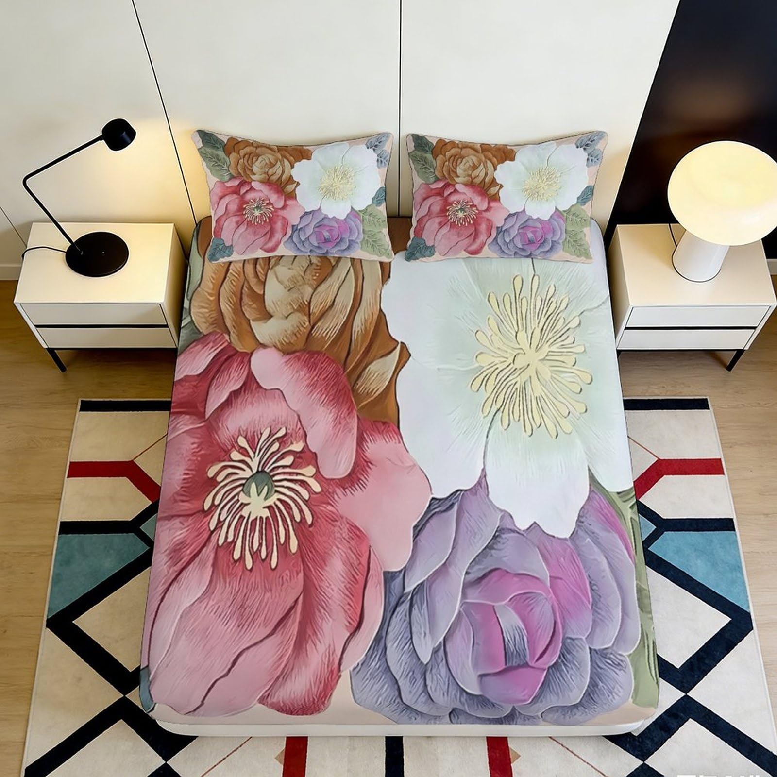 3D Printed Floral Garden Fitted Sheet Microfiber Bedroom Decor Blossom Mattress Cover for Home Guest Room 90x200x25cm