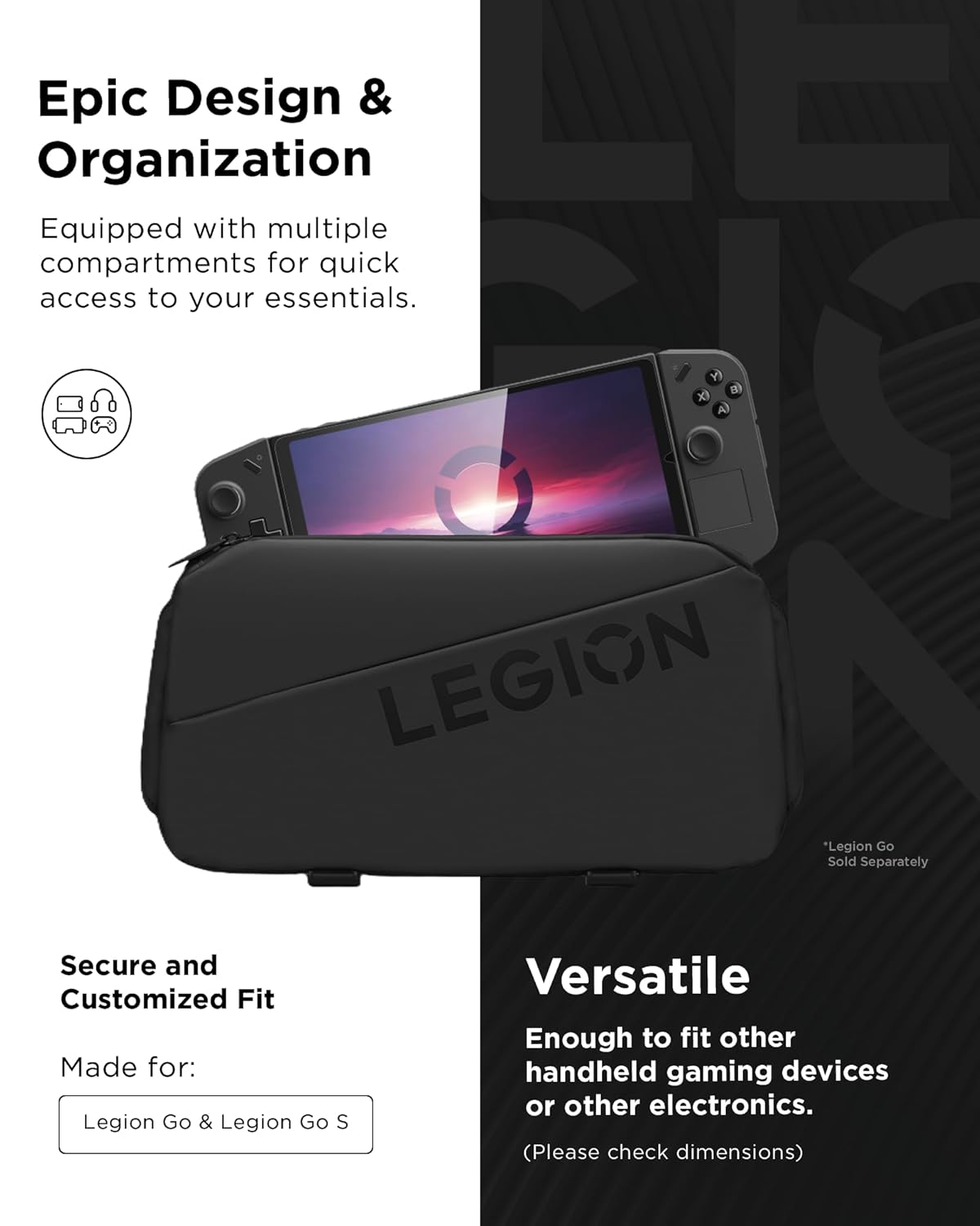 Lenovo Legion Sling Bag, Waterproof Carrying Case Bag for Legion Go Gaming Console, Black, Custom Fit Console Carrier, Adjustable Shoulder Strap, Multiple Compartments, Durable and Stylish Design