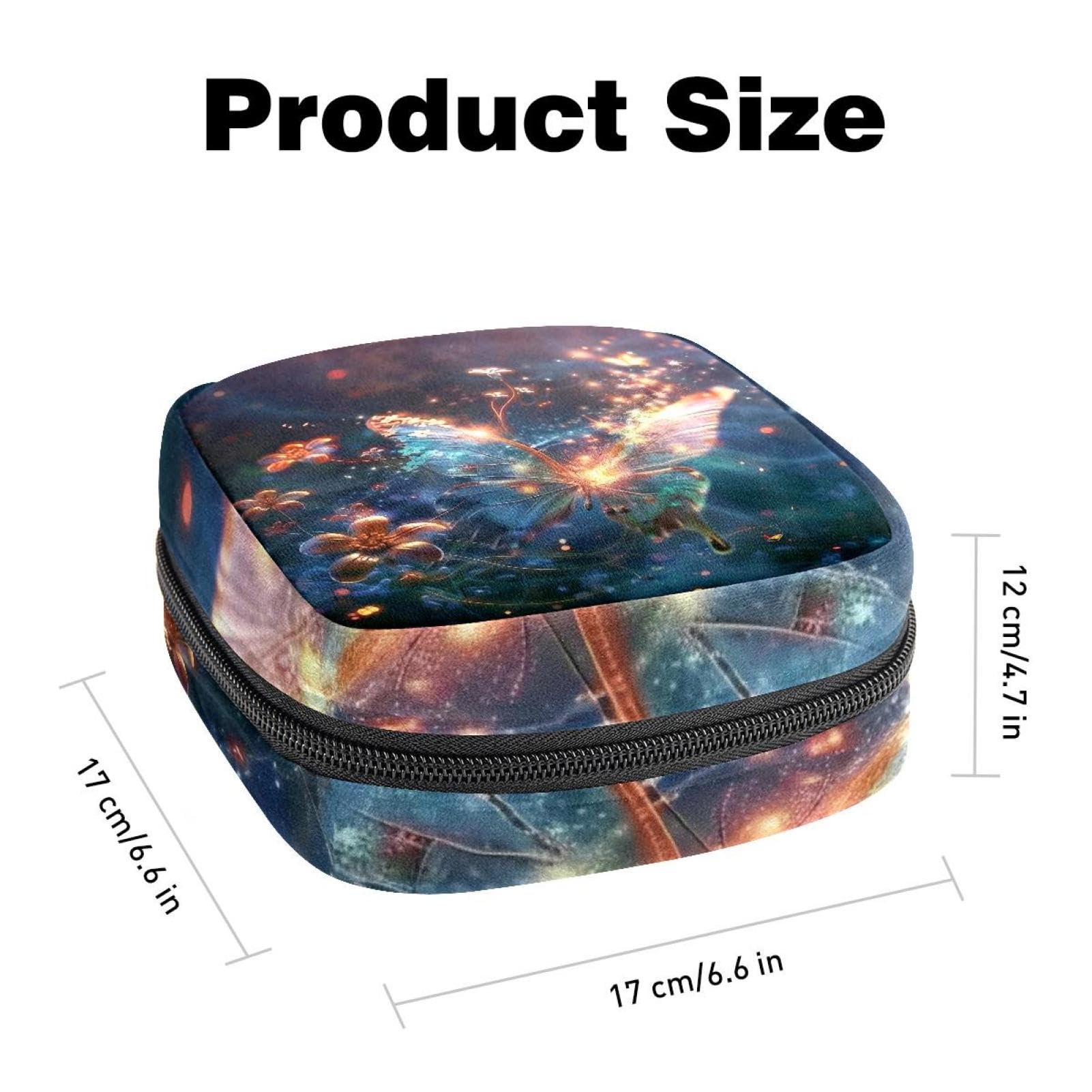 Portable Menstrual Pad Bags, Large Capacity Sanitary Napkin Storage Bag, First Period Kit for Girls Women, Zipper Nursing Pad Holder Butterfly Flowers Fantasy Sparkle Trail at Night