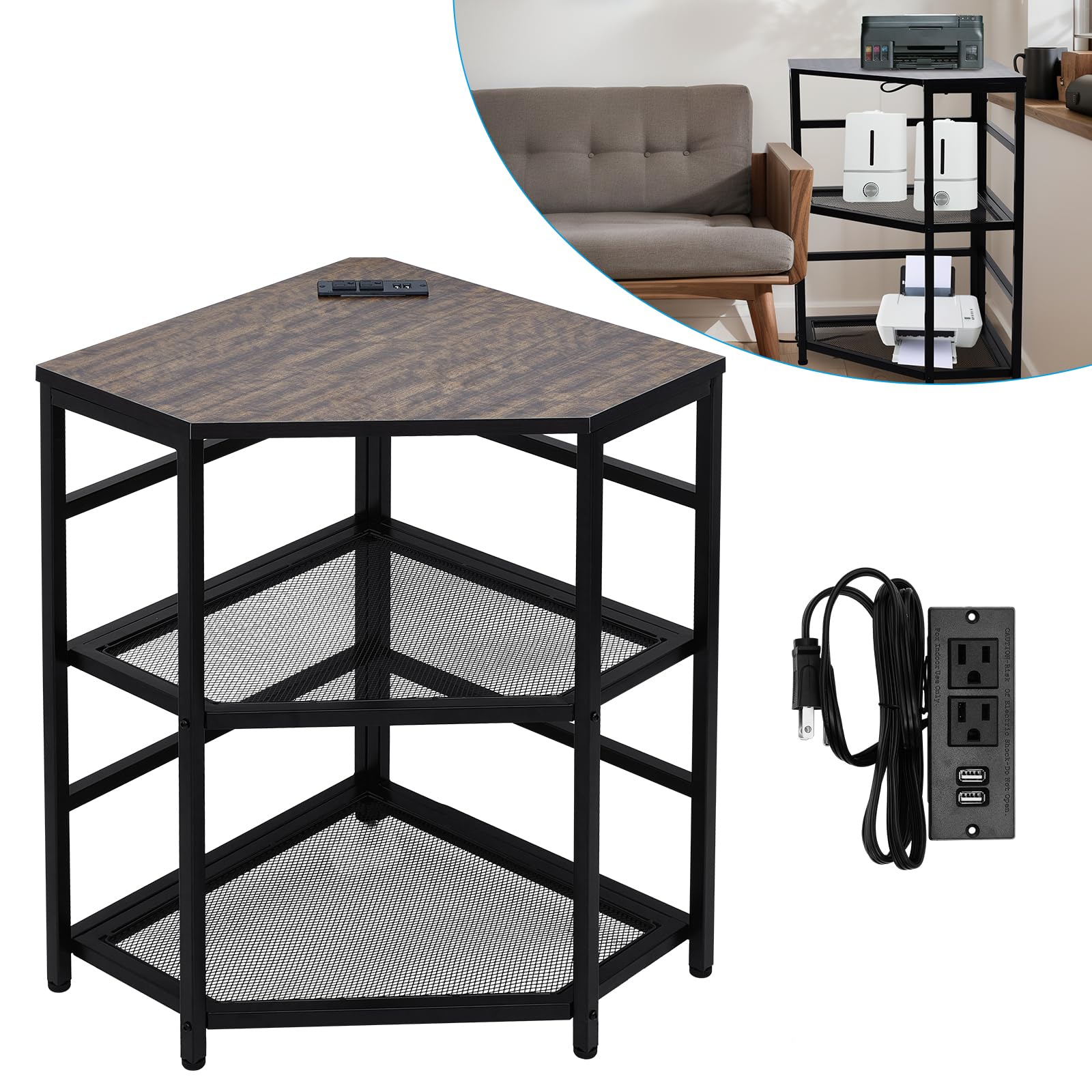 Kigley Corner Printer Stand Table with Power Outlet Charging Plugs Printer Stand with USB Port Adjustable Storage Shelf Organizer Shelf Stand Holder for Study, Office, Living Room, Brown