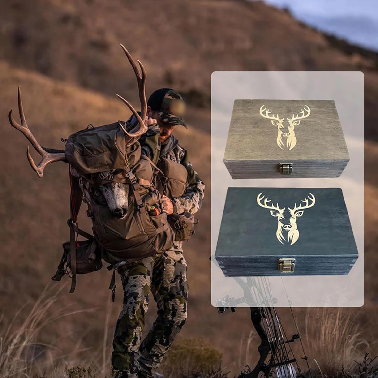 The Hunter's Legacy Memory Box, Hunting Keepsake Wooden Box with Shell Slots, Notes Chart and Hidden Layer for Casings, Tags & Photos, Hunting Memorabilia Storage Boxes, for Dad Husband (GRAY) — view 7