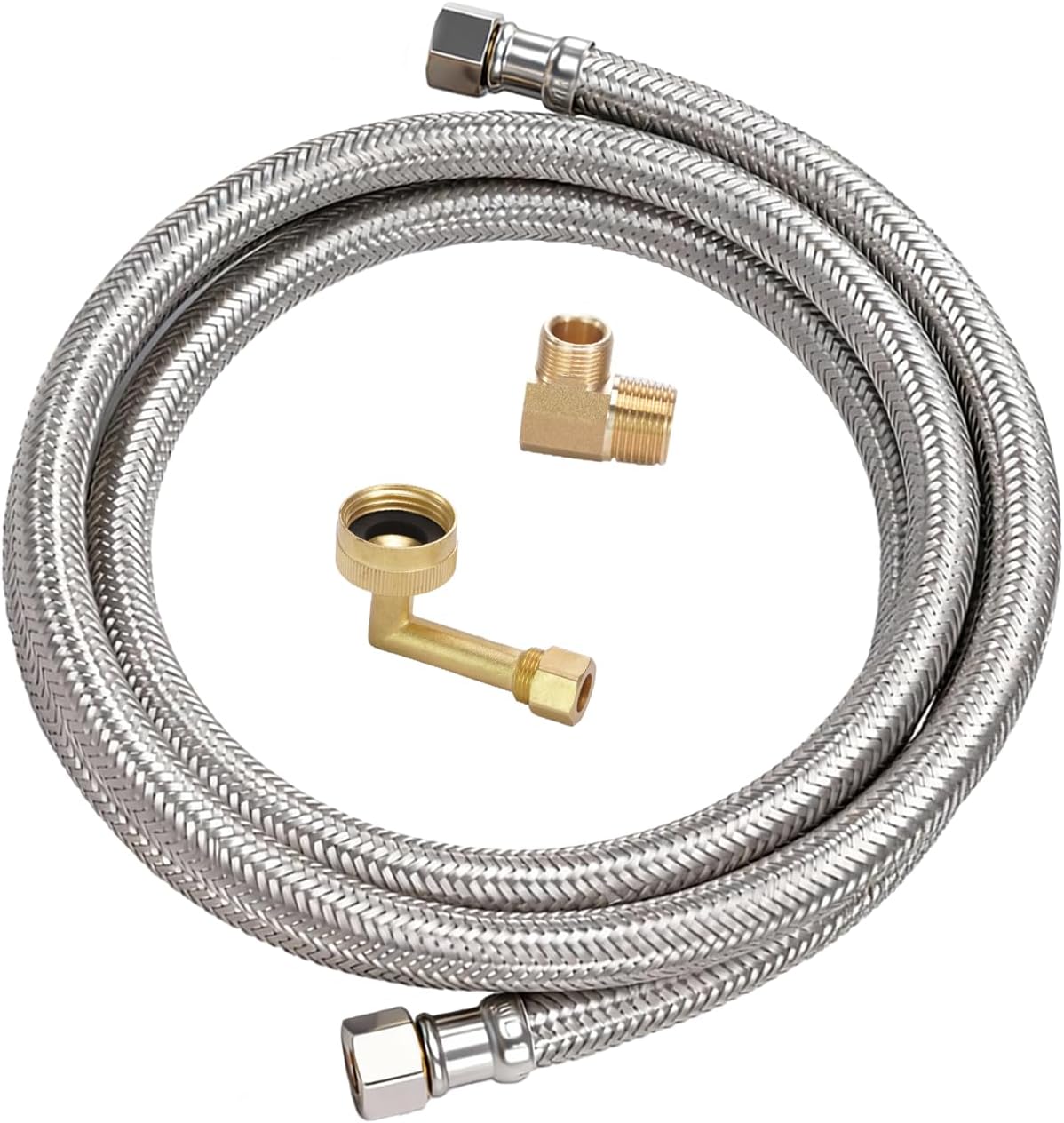 6FT Dishwasher Water Supply Line Kit, 304 Braided Stainless Steel Hose with Food-Grade PVC Core, 90° Elbow & GHT Adapter, 3/8" Comp Connector, Compatible with Samsung, GE, Whirlpool