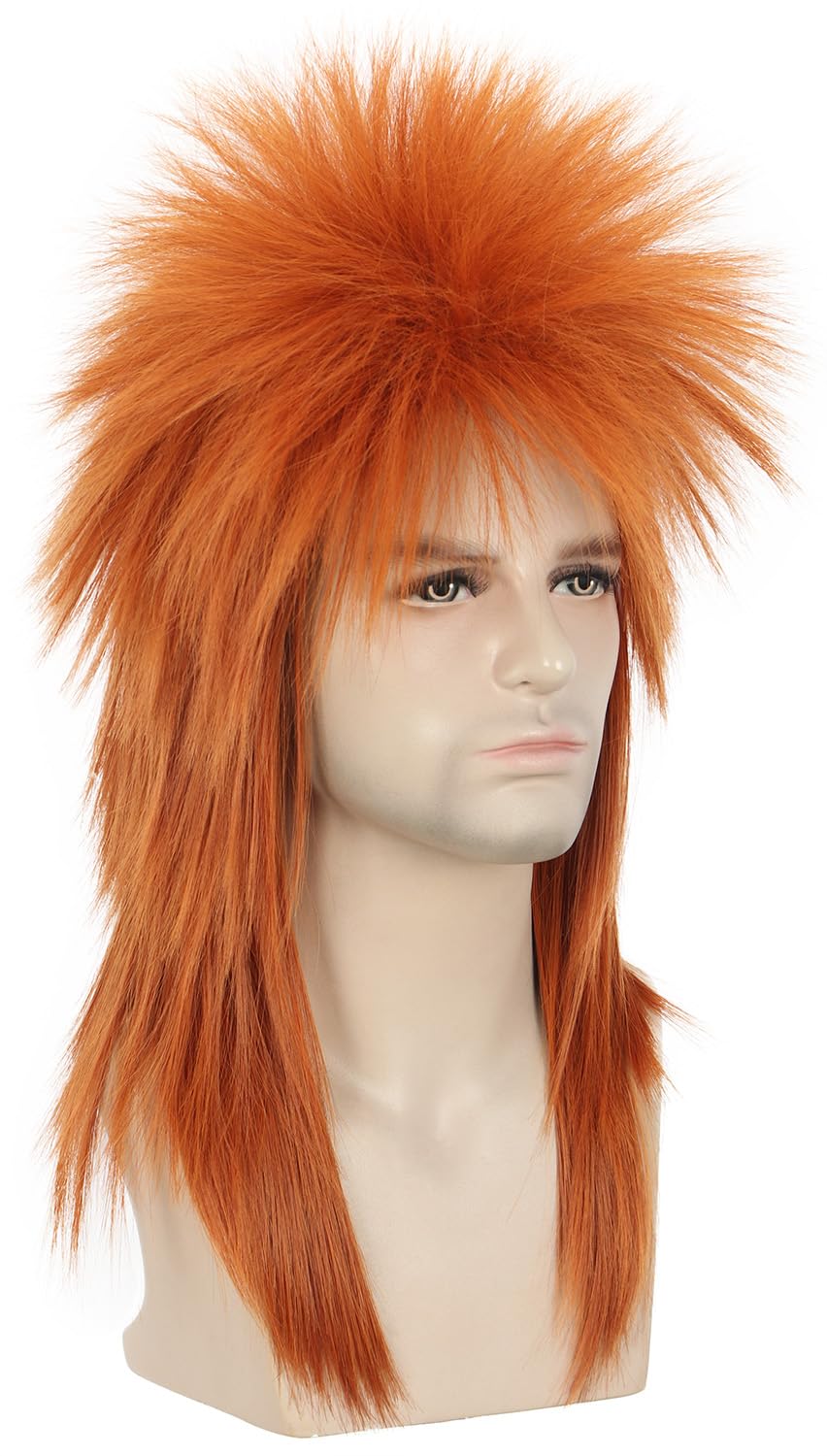 karlery Men Women Long Straight Orange Ginger Mullet Wig 70s 80s Heavy Metal Rocker Punk Wig for Cosplay Event Costume Halloween Party
