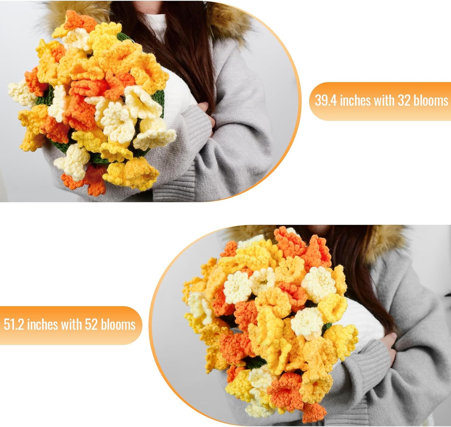 Handmade Crochet Rose Flower Bouquet Blanket - Round, Soft & Lightweight Romantic Gifts for Her, Birthday/Wedding/Valentine’s Day/Mother’s Day Home Decor (Carnation Orange, 51 inch)