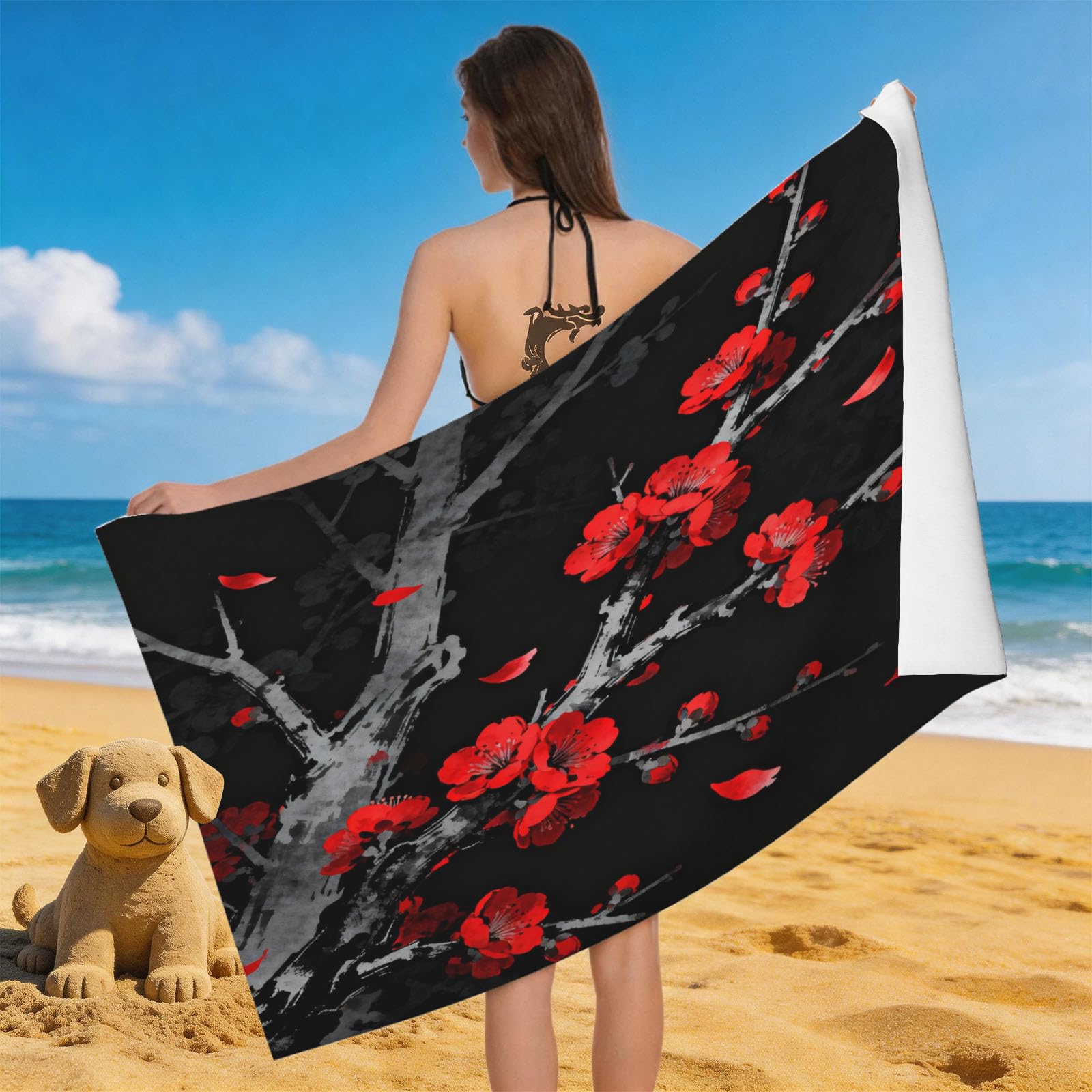 Leichong 3D Ink Wash Plum Blossom Beach Towel Microfiber Soft Quick Dry for Adults, Zen Bath Towel Lightweight Soft Absorbent for Travel Swimming Pool Sports, 75 x 150 cm