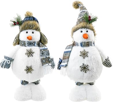 Set of 2, 16" H Standing Christmas Snowman with Gray Knitted Scarf and Hat Christmas Decor, Christmas Snowman Ornaments Tabletop Decorations for Xmas Holiday Party Decor