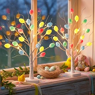 Vanthylit Easter Decorations, 2 Pack Lighted Easter Tree Battery Operated with Timer, 22 Inch LED Birch Tree with 36 Egg Ornaments Indoor Tabletop Centerpiece Light for Home Decor