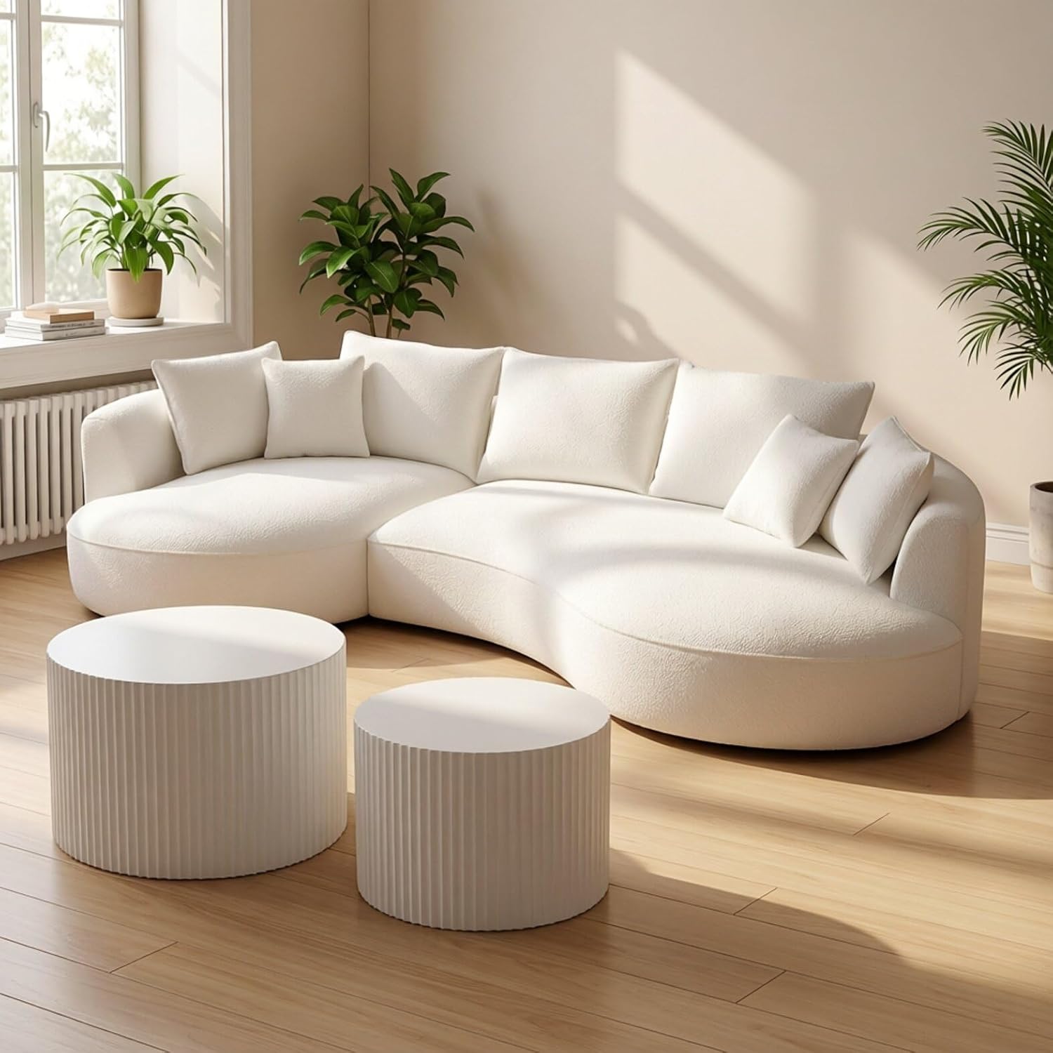 Minimalist Curved Sectional with Left Chaise,Cream White Boucle, L-Shape Couch with Round Coffee Table Included,Living Room Furniture | A set of sofa table