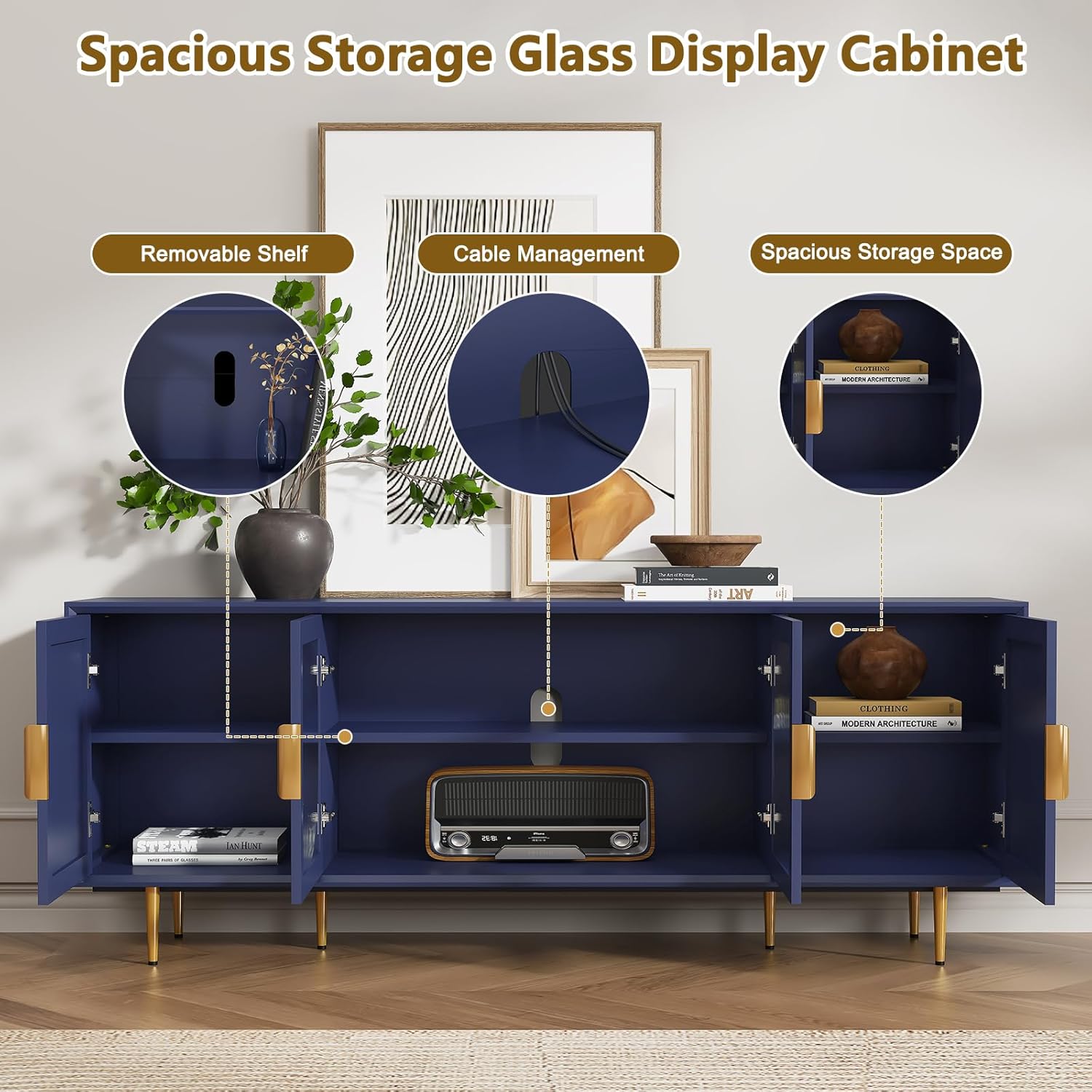 66" TV Stand with Fluted Glass Door for 45-75 Inch, Mid-Century Modern Television Stands with Adjustable Shelves and Gold Legs, Wooden TV Stands with 3 Storage for Living Room, Bedroom, Blue