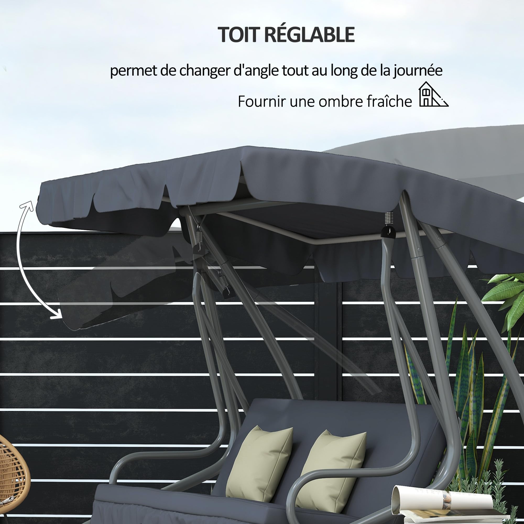 Outsunny Columpio de Jardín Convertible 3 Plazas Techo Ajustable Inclinación 2 Estantes Soporte 2L x 1.2l x 1.64H m Metal Epoxy Negro Poliéster Gris