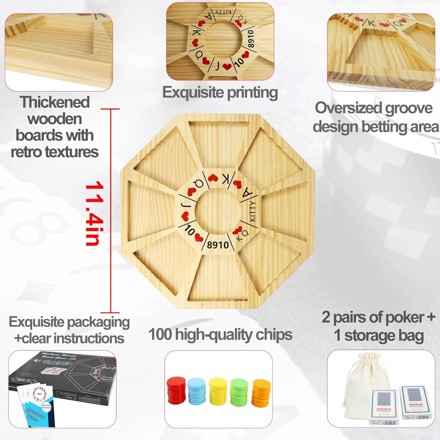 Jyquorp Michigan Rummy Game Deluxe Set Perfect Blend of A Royal Game of Hearts Rummy Poker Wooden Tripoley Board Game Betting Bluffing Game Classical Family Card Game for 100 Chips（Walnut）