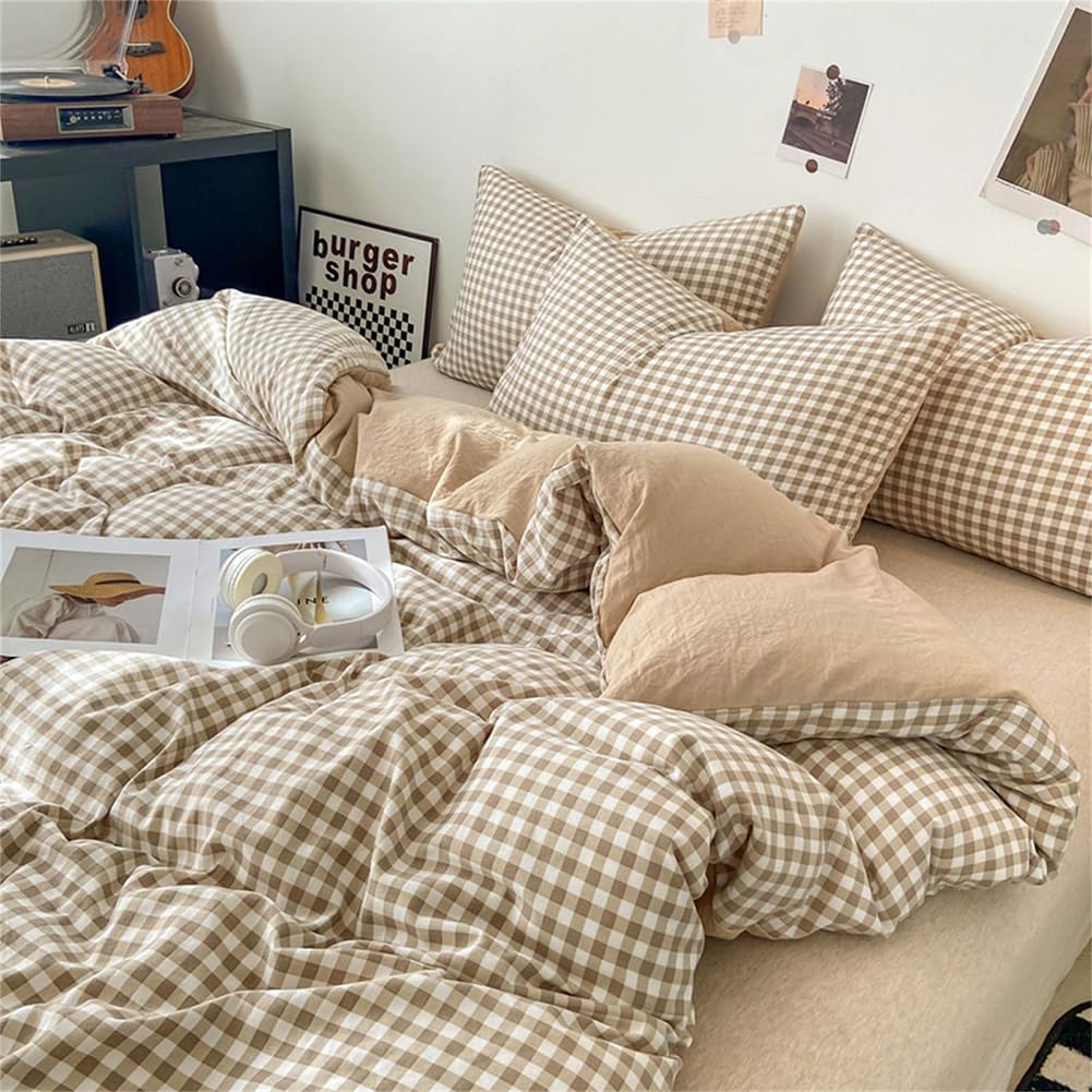 Michorinee Beige Gingham Grid Duvet Cover King Reversible Tan Plaid Checkered Pattern Washed Microfiber Quilt Cover Kingsize Bed Bedding Set including Zipper Closure and Pillow Cases 50x75 cm - Image 2