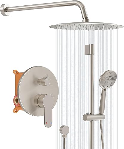 Gabrylly Sistema de ducha de níquel cepillado, juego de grifo de ducha de barra deslizante con cabezal de ducha de lluvia de alta presión de 10