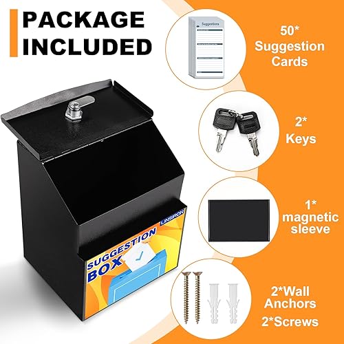 Miniatura 2 de LINSIRON Caja de sugerencias magnética con funda magnética, caja de sugerencias con candado y 50 tarjetas de sugerencia gratis, caja de metal negro,