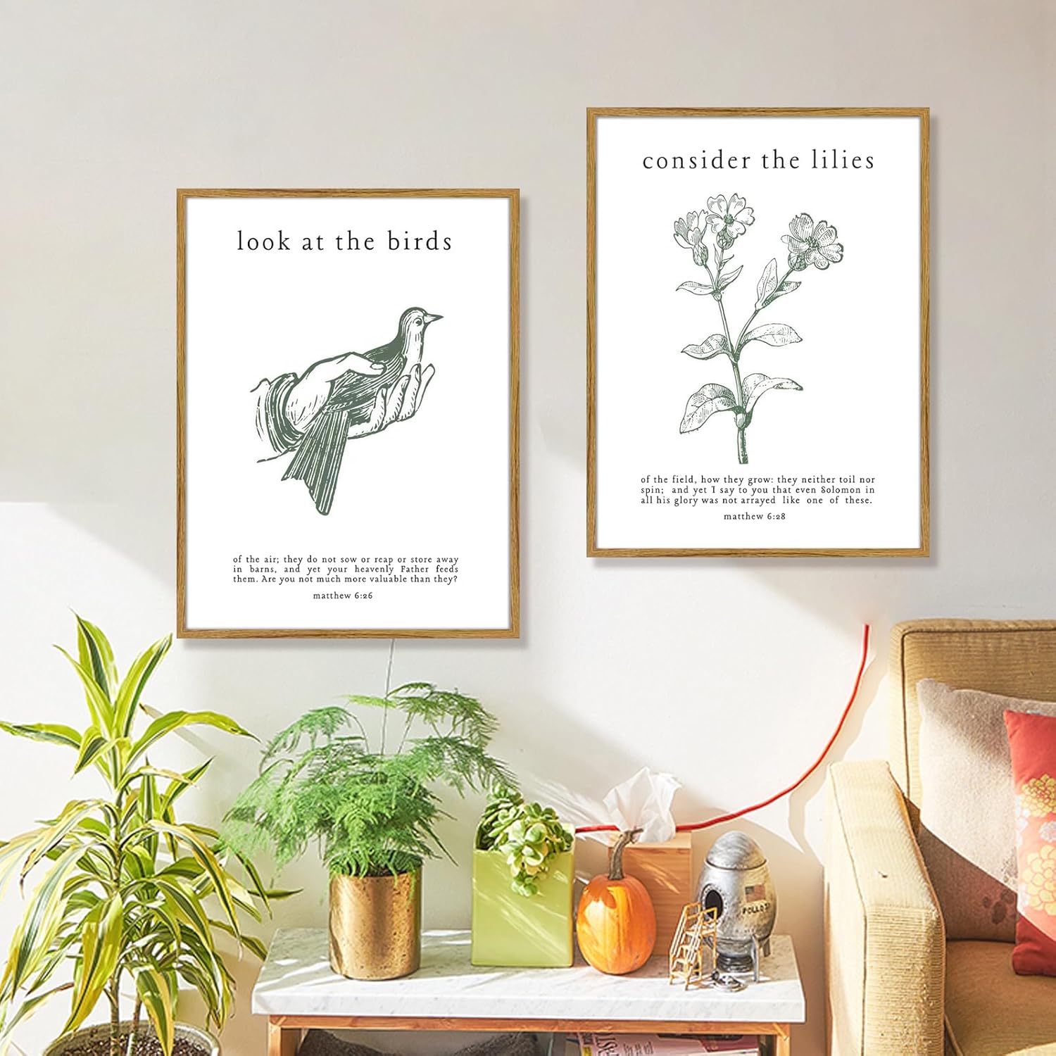 Framed Christian Wall Art Set – Matthew 6:26 “Look at the Birds” & “Consider the Lilies” Catholic Scripture Prints – Inspirational Bible Verse Wall Decor for Home, Church, Bedroom, Living Room12x16 Inches