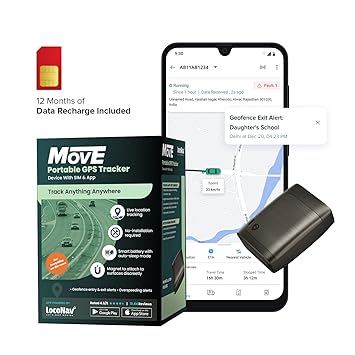 LocoNav Move - Wireless GPS Tracker for Car, Bike, Scooty, Kids School Bag, Luggage | Portable, Water-Resistant, and Magnetic Device, with Live Location Tracking and Geofence Alerts | 1 Year SIM Data