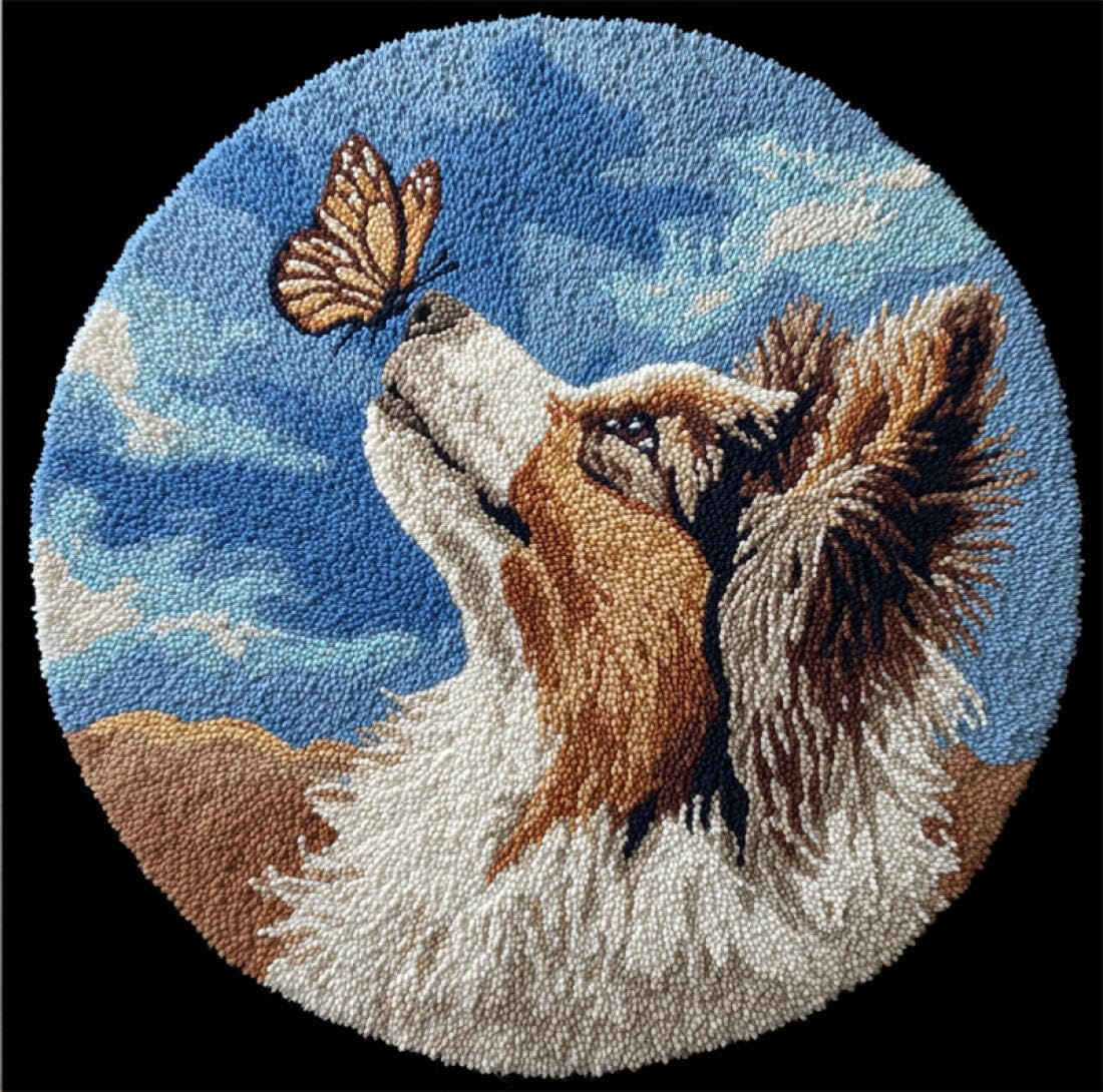 Rqwybcaxn DIY Latch Hook Rug Making Kits for Beginners Animal Embroidery Set Cartoon Papillon 60x60cm Round Tapestry with Crochet Hook Bedroom Craft Gift