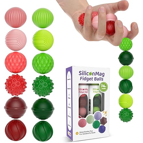 Silicone Magnetic Balls, Fidget Toys, 12-Pack Stress Relief Toys for Adults, Teens, Sensory Toy for Fingers Hands, Quiet Office Desk Toys with Textures, Magnet Fidget Fun Gift (2 Pack(Green+Red))