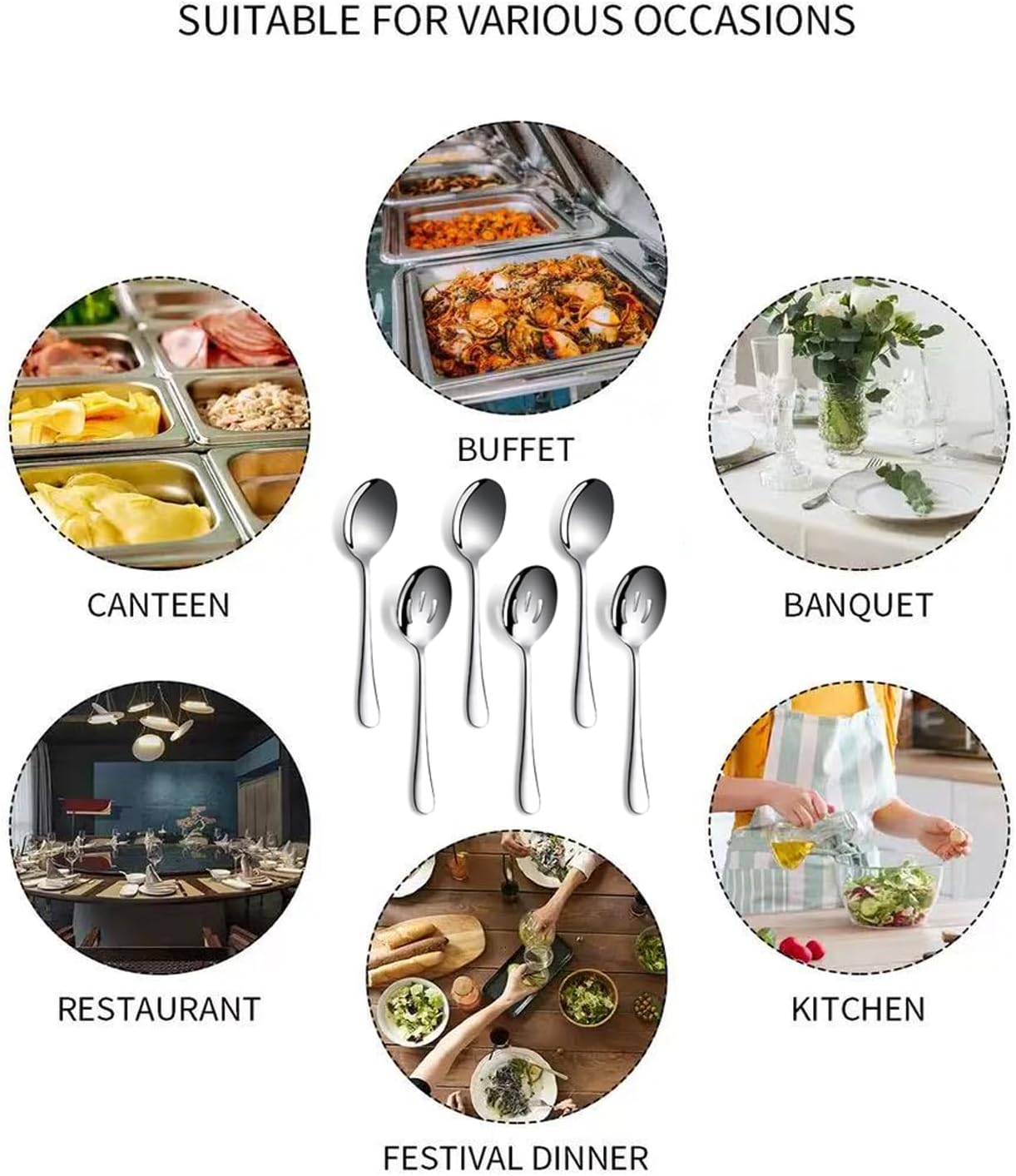 6 Pieces Stainless Steel serving spoons Set, 8.66 inch slotted serving spoon and salad utensils set for buffet, parties, dinner, picnics and family gatherings. (6)