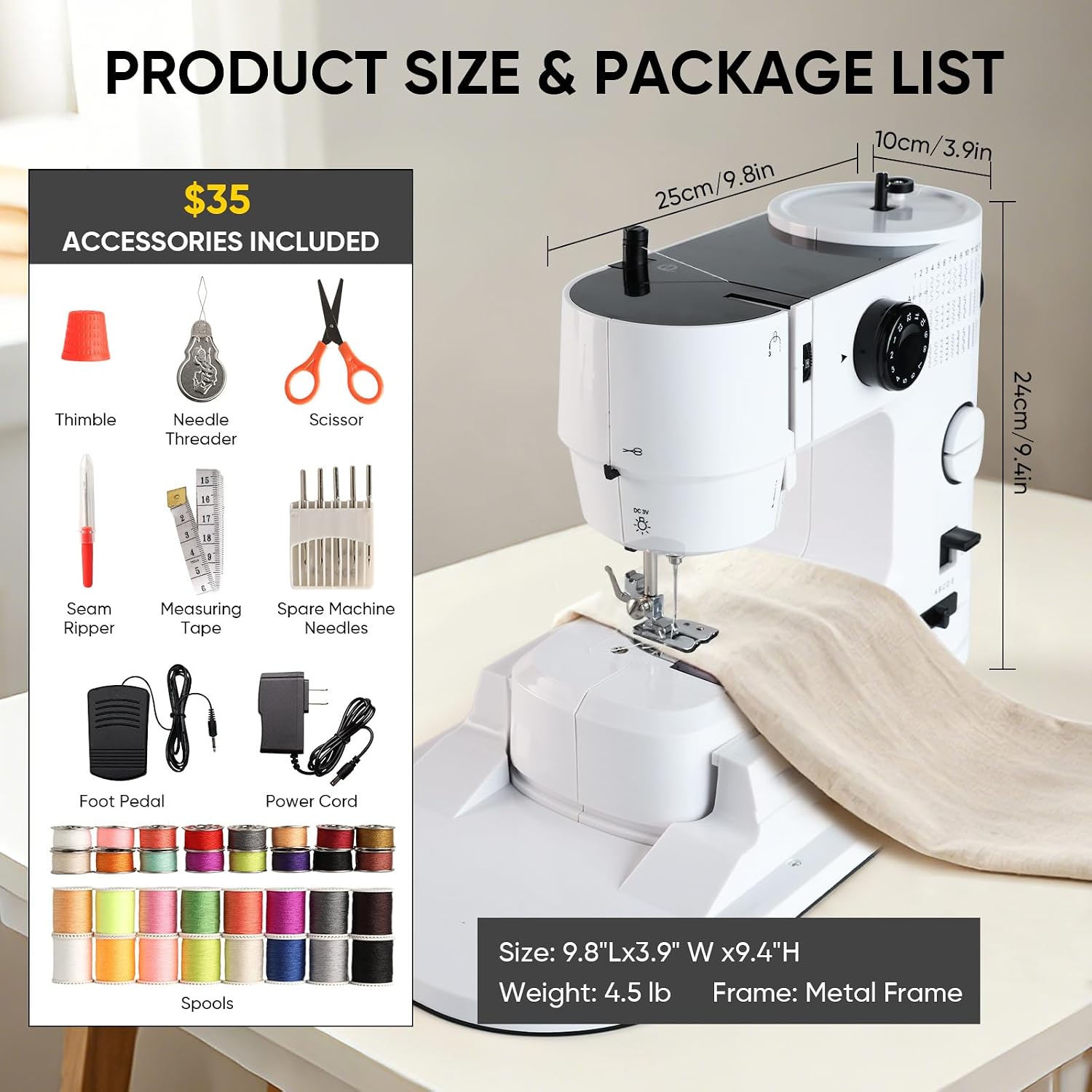 Portable Sewing Machine for Beginners with 39 Stitches, 2 Speeds Control, Extension Table, Foot Pedal, LED Light, Support 2 Needle Modes, 9 Tightness Adjustments, Reverse Stitch for Repair, DIY Craft