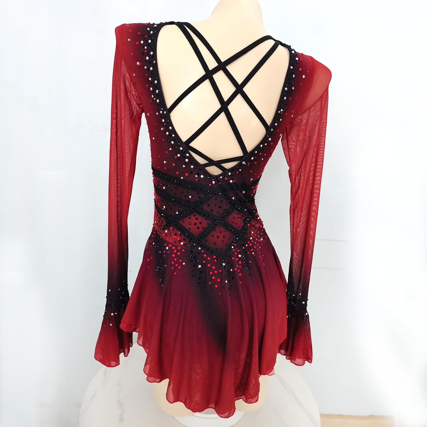 Girl's Red Long Sleeved Ice Figure Skating Dress with Sparkling Rhinestones Decoration Elegant Figure Skating Skirt