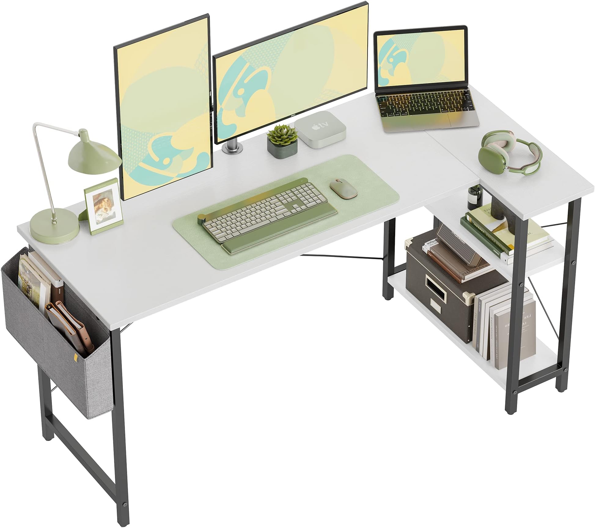 CubiCubi 140 cm Small L Shaped Computer Desk with Storage Shelves Home Office Corner Desk Study Writing Table, White
