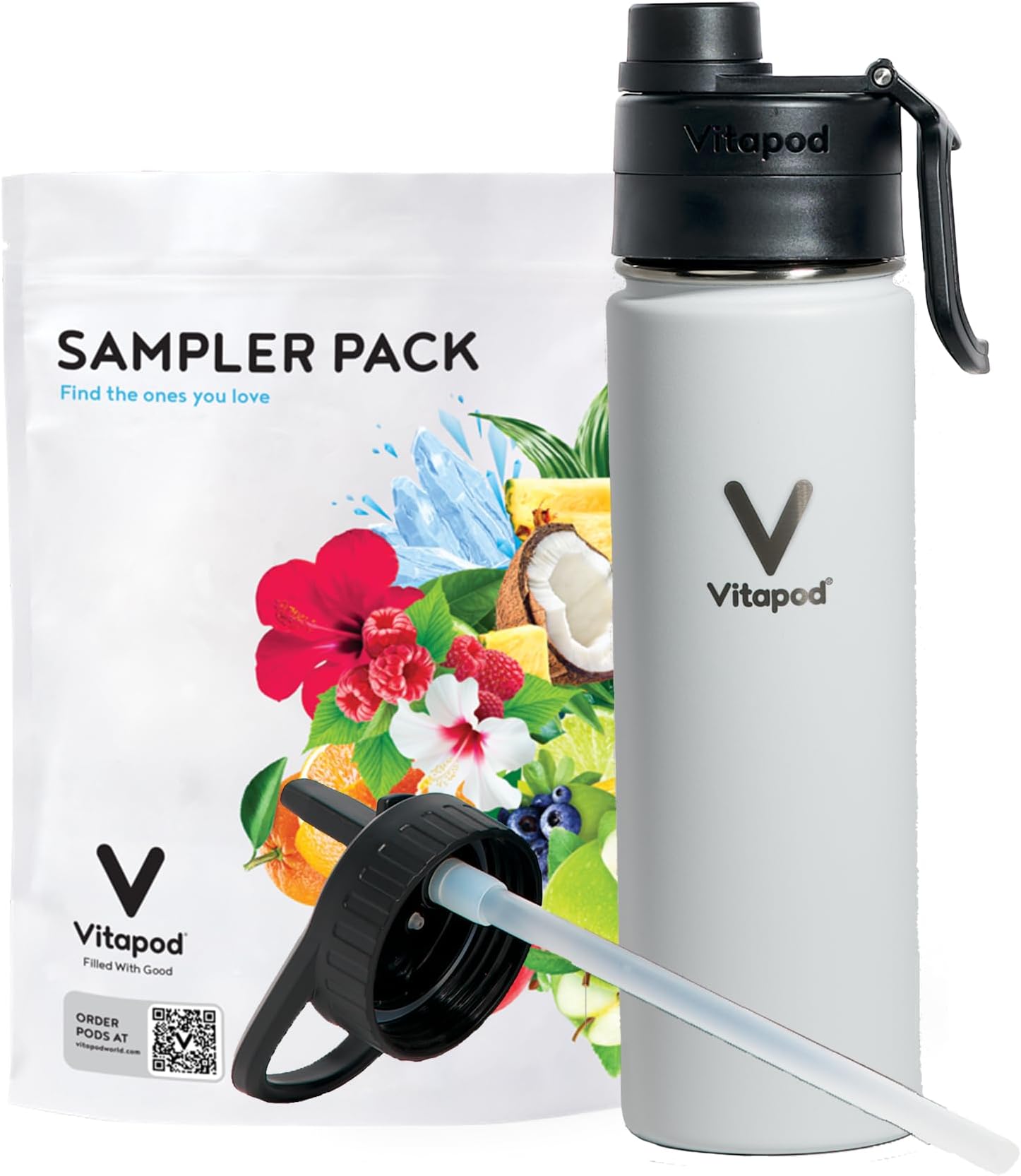 Vitapod Hydra+ Sampler Pack Water Enhancer Pods Starter Bundle, Water Flavoring, Sugar Free, Vitamin C, Vitamin D, Zinc, 20 Pods, 22 oz Stainless Steel Water Bottle, White