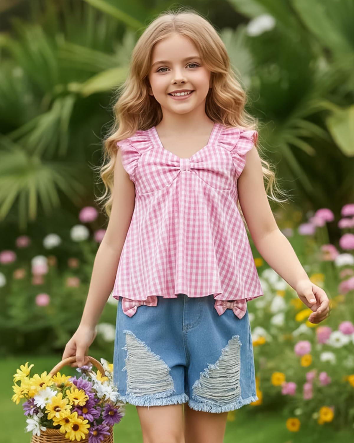 Jecson Girls Summer Outfits 2 Piece Set Girls Short Sets Cute Ruffle Top and Bow Denim Shorts 5–12Y - Image 4