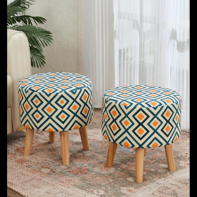 Image of NACIA Printed Ottoman Stool Set of 2 | Soft Cushioned Velvet Pouf Footrest with Wooden Legs | Decorative Seating Stool for Bedroom Living Room Home & Office (16x16x17 Inch, Yellow Box)