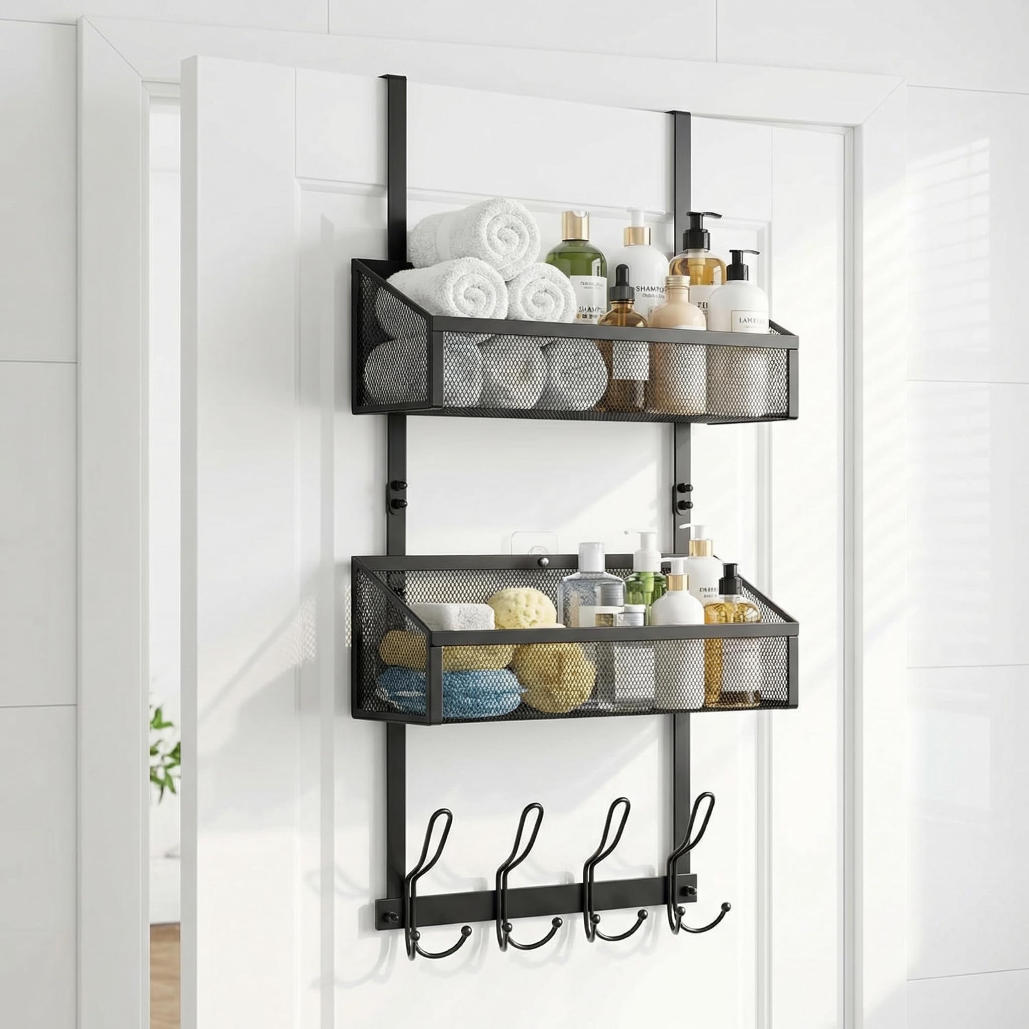 Xygobla Over Door Hanger Hooks - Multi-Functional Storage Organizer with 12 Coat Hooks & 2 Mesh Baskets | Heavy Duty No-Drill Door Rack for Bathroom, Pantry & Bedroom | Space-Saving Behind Door Hanger