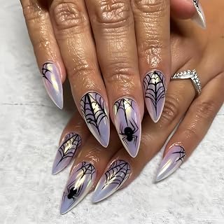 24pcs Halloween Press on Nails Medium Almond Fake Nails with Black Spider Designs Spider Web False Nail Halloween Acrylic Nail Kit Glitter Full Cover Glue on Nails for Women Manicure DIY