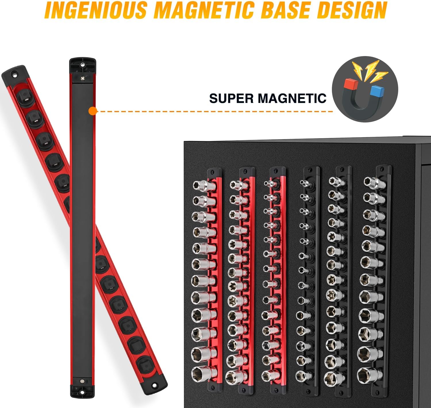 GOOACC Magnetic Socket Organizer 1/4" 3/8" 1/2" Socket Holder Set with 80 360° Swivel Clips Heavy Duty Aluminum Socket Rail Organizer for Tool Box Drawer, 6 Pieces Magnetic Drive Socket Rails Holders