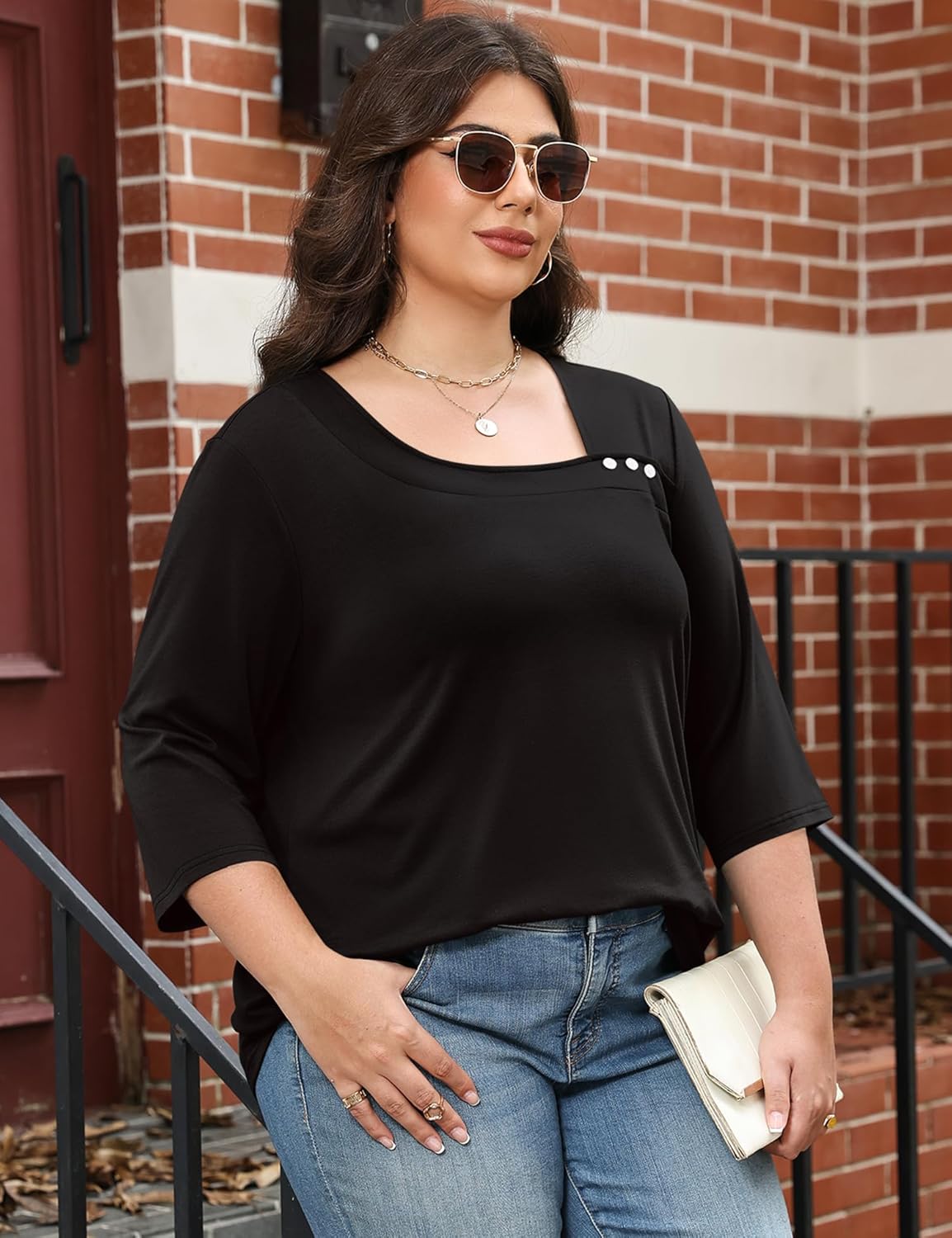 LOMON Womens Plus Size Tops 3/4 Length Sleeve T Shirts Asymmetrical Neck Blouses for Women Fashion 2026 - Image 4