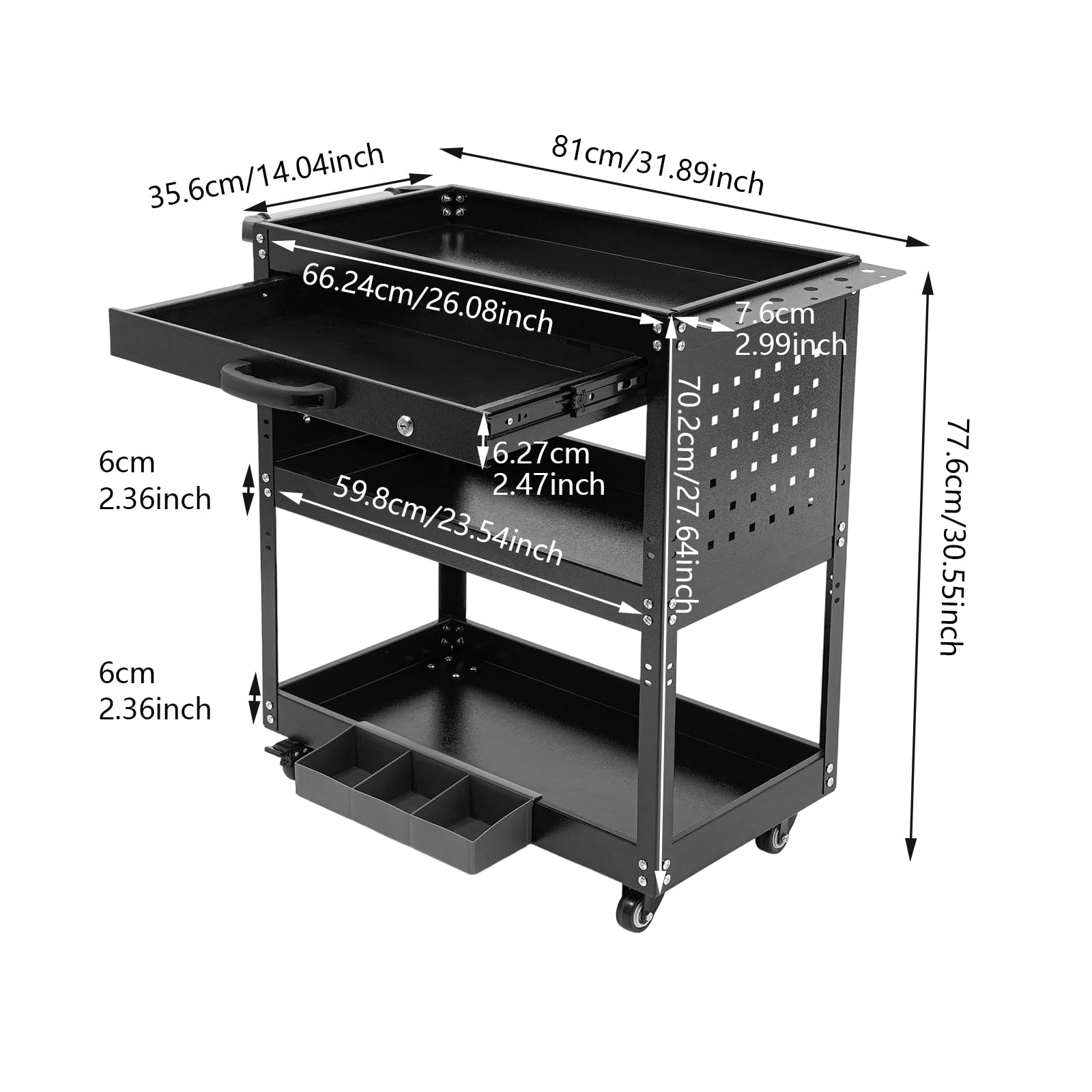 Carro de herramientas resistente, 3 niveles y 1 cajón con cerradura, agujero para colgar y caja de almacenamiento en el lateral, banco de trabajo con 4 ruedas (2 frenos), color negro