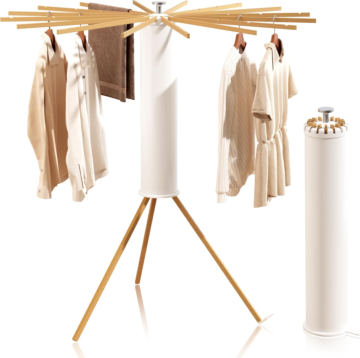 Tripod Clothes Drying Rack, Laundry Drying Rack for Clothing, Foldable Collapsible Space-Saving Umbrella Dryer with 16 Rods, Floor Standing Rack for Indoor Outdoor Use, Wooden